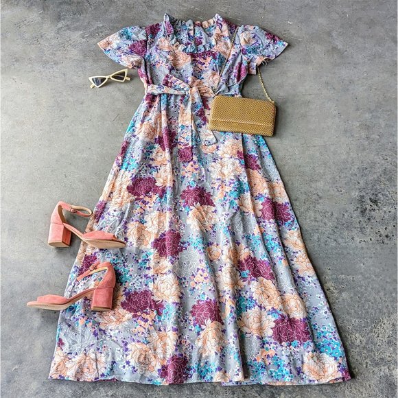 Vintage Floral Blue Purple Orange Short Sleeve Empire Waist Maxi Dress - Picture 1 of 14